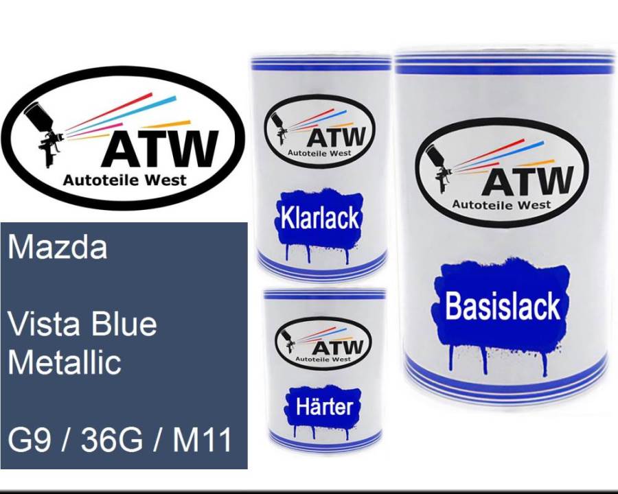 Mazda, Vista Blue Metallic, G9 / 36G / M11: 500ml Lackdose + 500ml Klarlack + 250ml Härter - Set, von ATW Autoteile West.